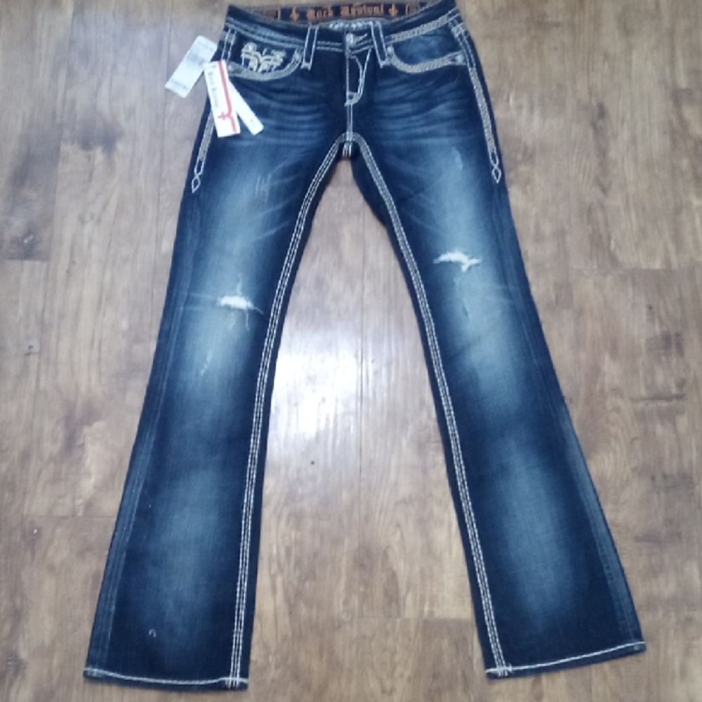 Rock Revival NWT Women's 26 Bootcut Distressed Details Faux Leather Flap Pockets
